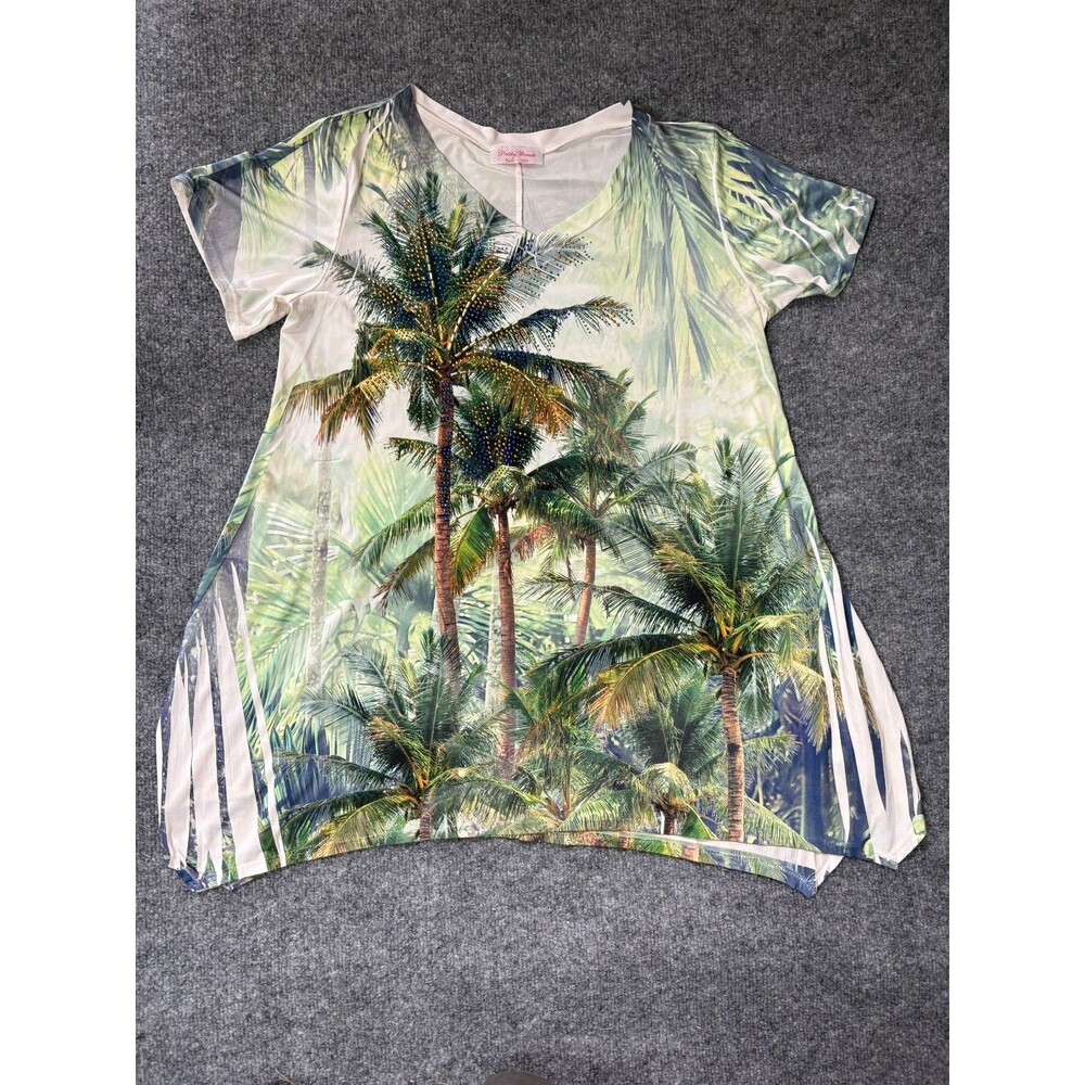 Pretty Woman Tropical Palm Tree Print Tunic Top Womens Large Green Long Sleeve